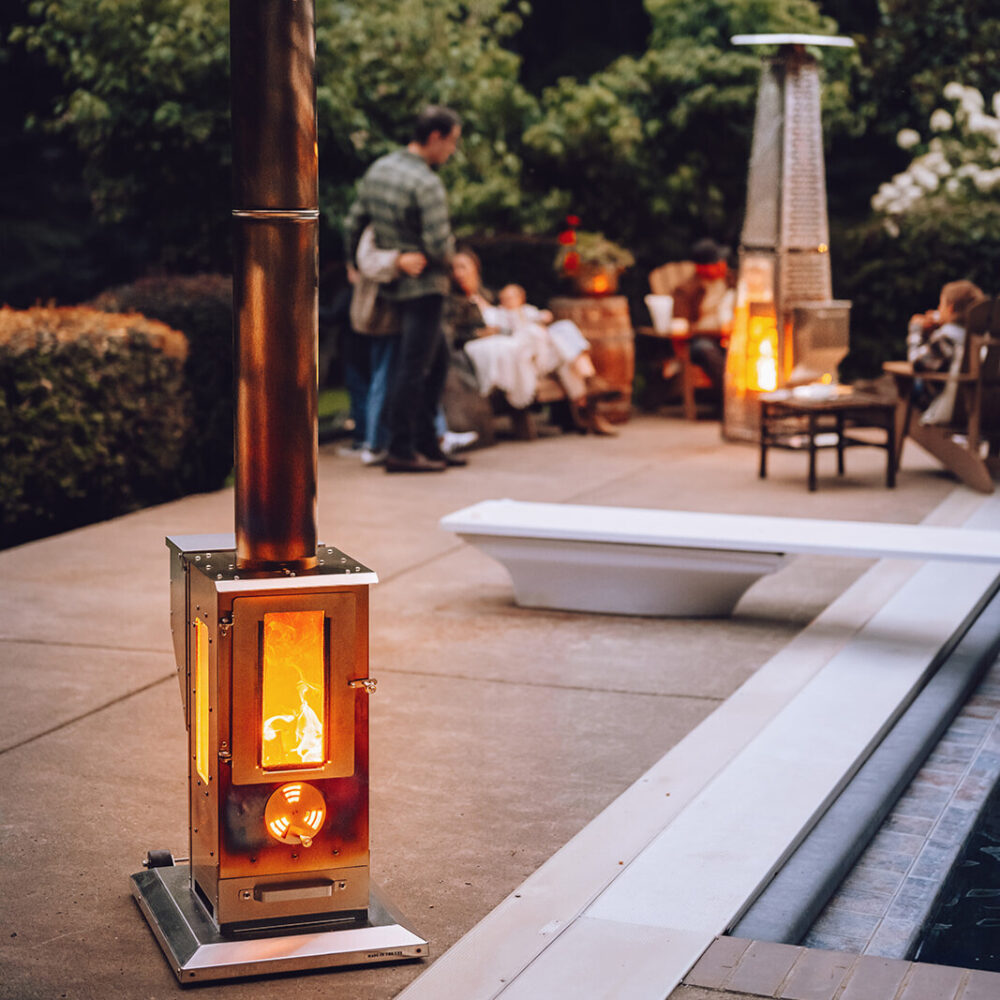 Big Timber wood pellet patio heater on a modern deck