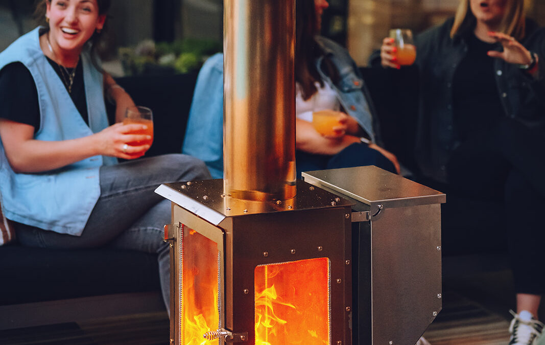 Timber Stoves wood pellet patio heater in backyard